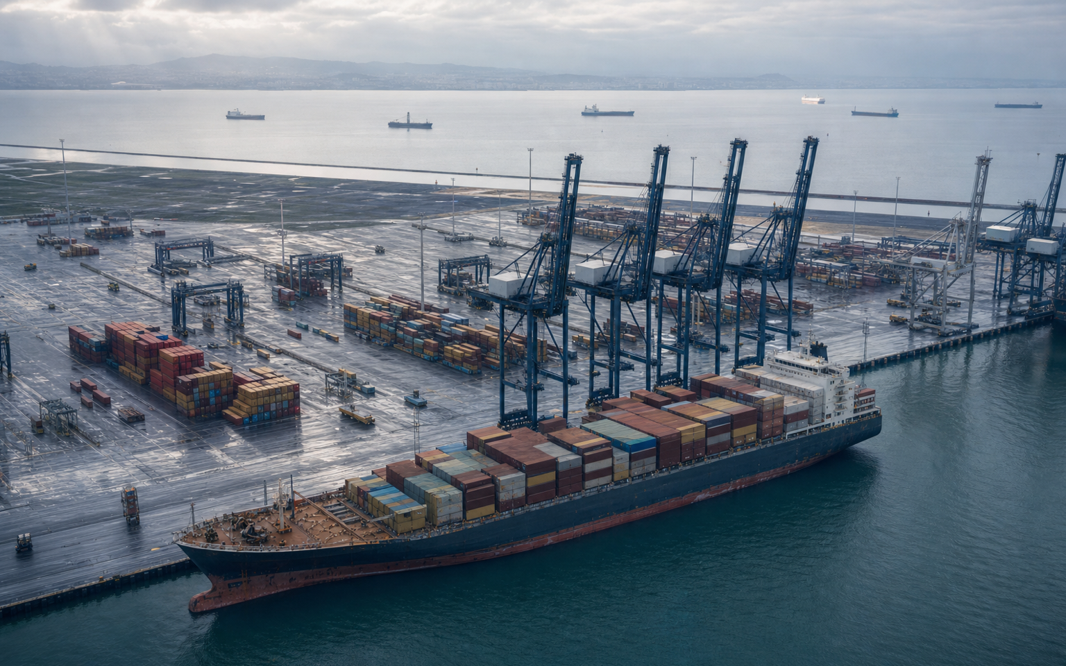 Container vessel and stacked equipment illustrating uneven shipping demand and capacity