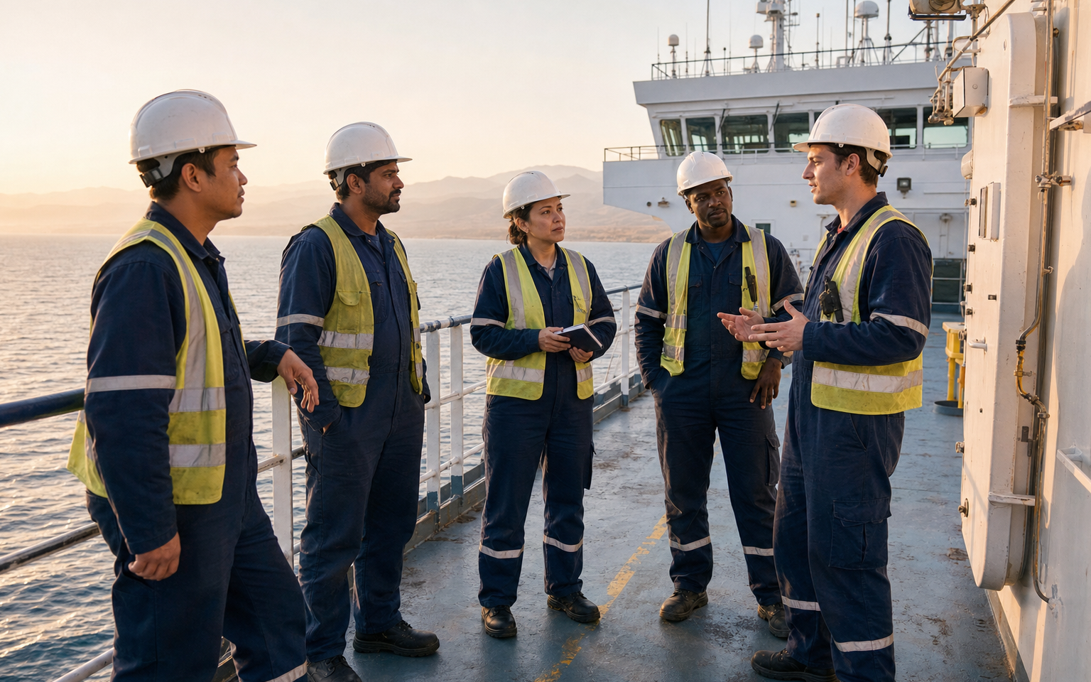 Merchant crew members seen safely together on deck while a distant operations centre monitors the voyage