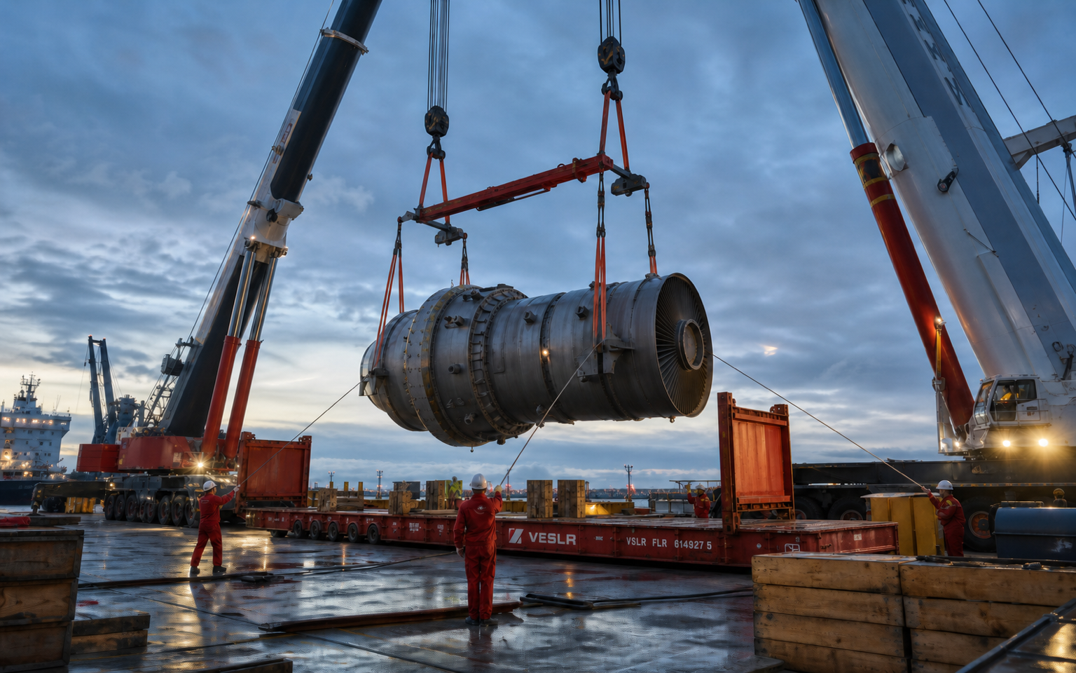 Oversized industrial machinery secured on specialist transport equipment at dusk