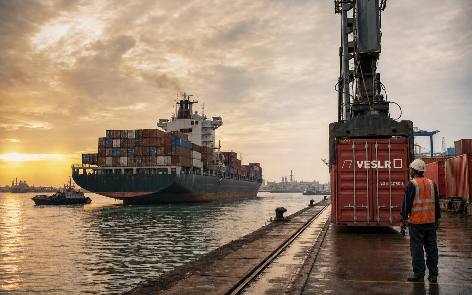 Container vessel crossing warm Gulf waters on a Qatar to India trade route