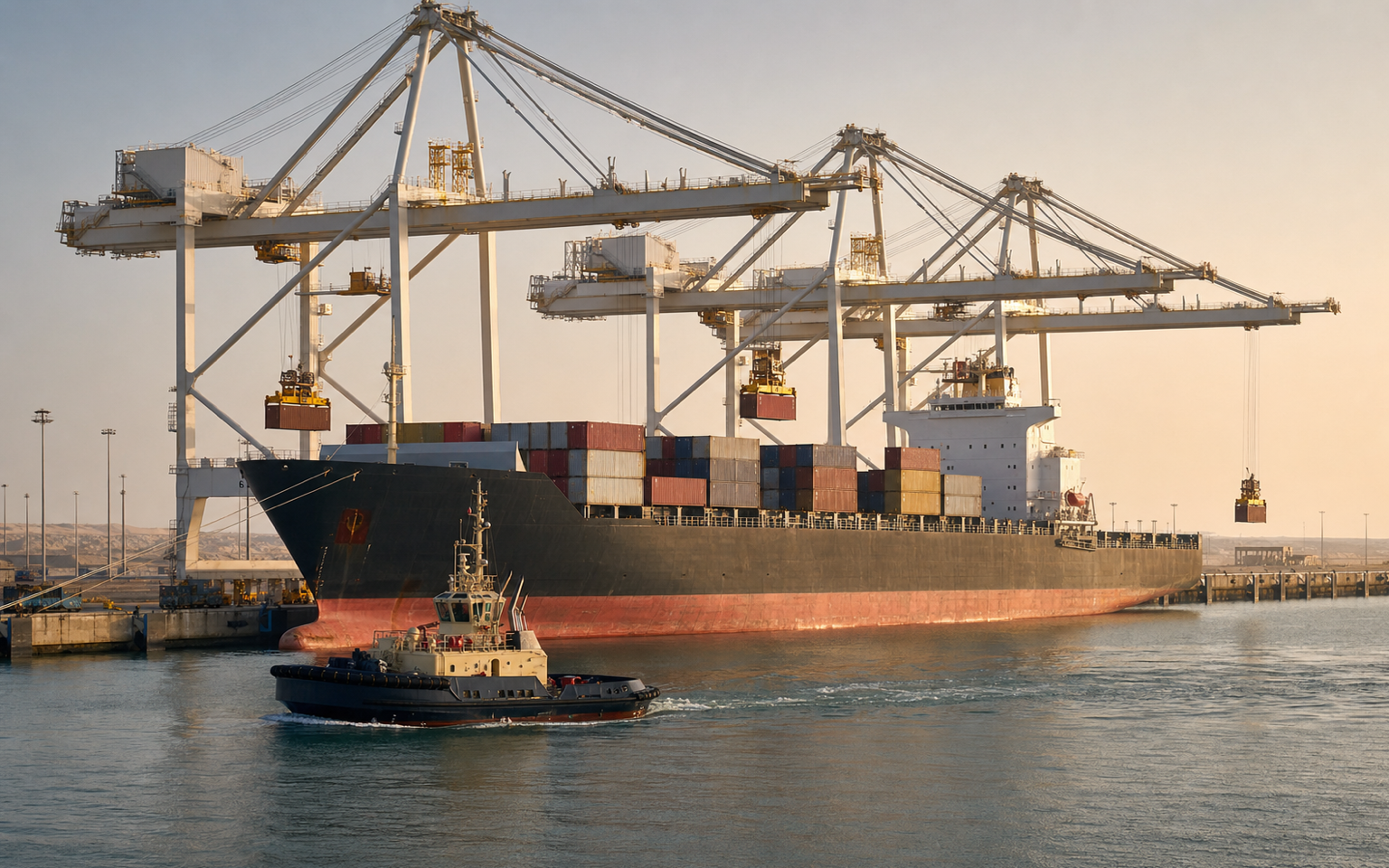 Container vessel alongside efficient cranes at Hamad Port