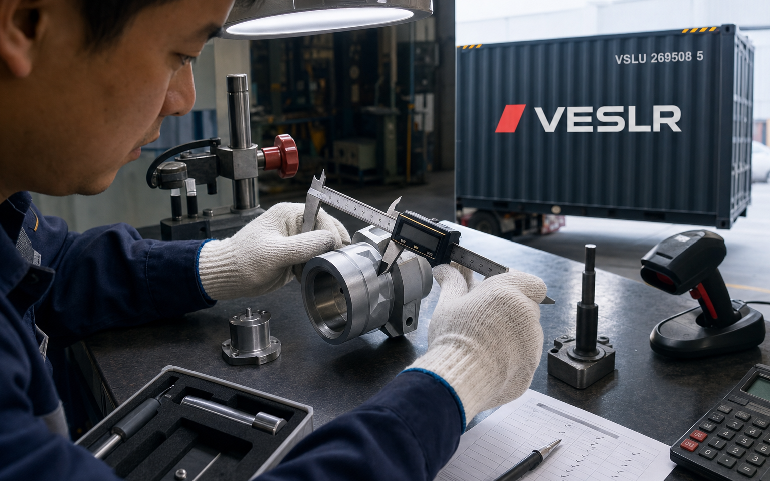 Inspector measuring finished product dimensions against an approved technical specification at a China factory