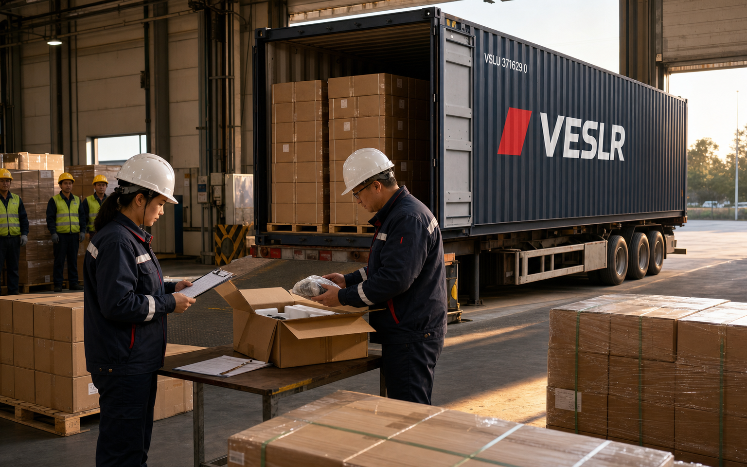 Inspectors verifying a finished product beside an open navy VESLR container loaded with approved cartons