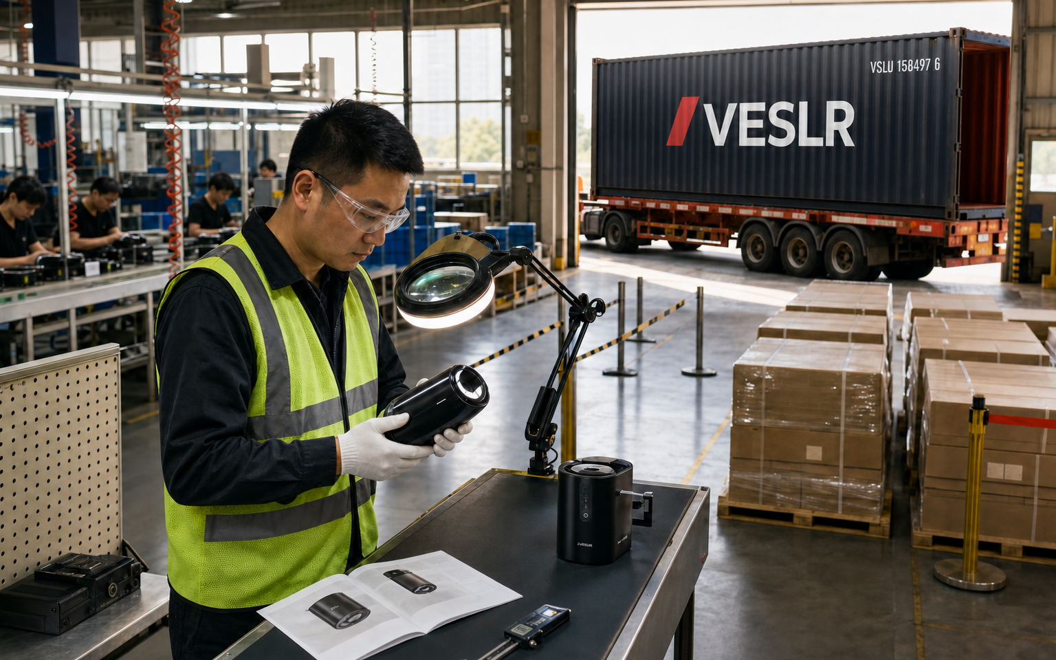 Independent quality inspector checking finished Alibaba goods beside a navy VESLR container in China