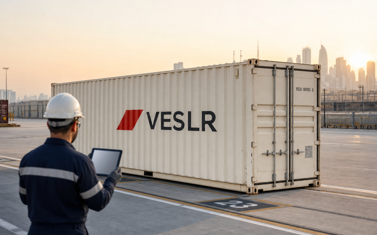 Container asset reporting materials viewed beside an active port through cinematic glass reflections