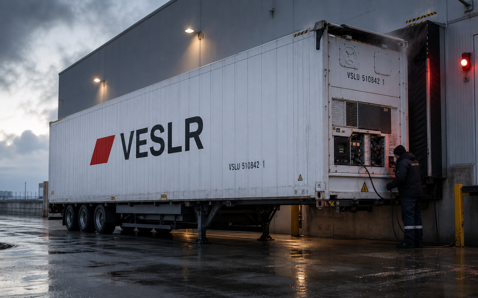 Refrigerated containers operating in a cold-chain terminal under crisp cinematic light