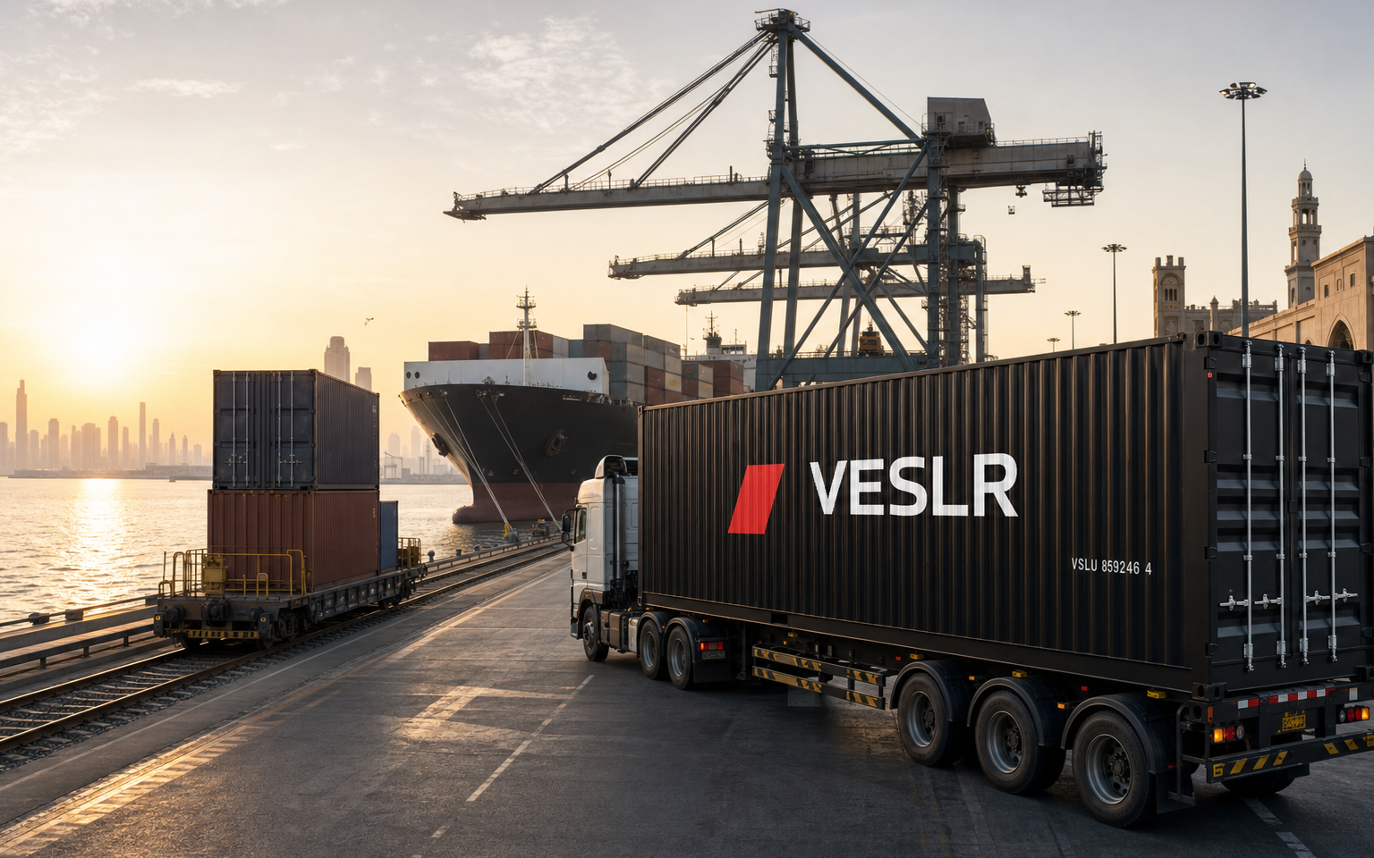 Three interconnected container corridors between China India and the Gulf visualized in a real port scene