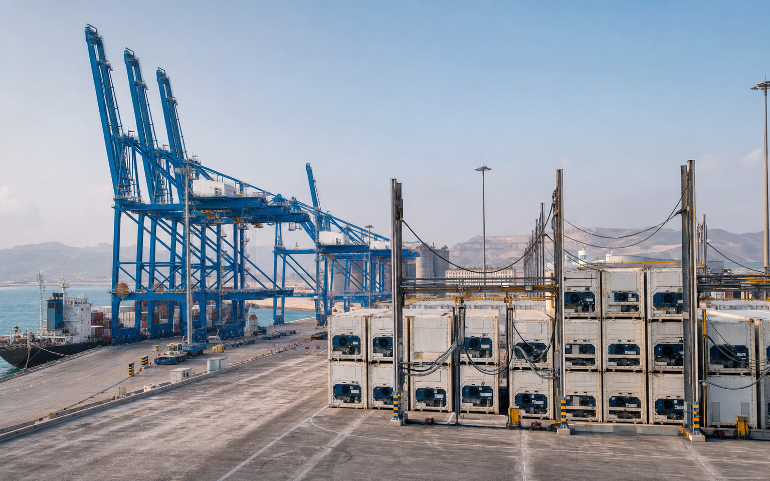 Large container cranes and reefer stacks at the expanded Port of Salalah