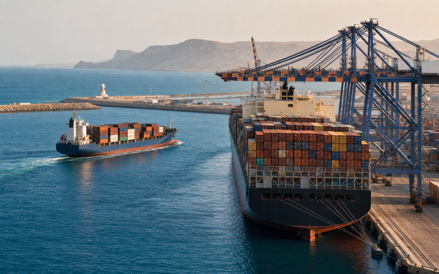 Feeder and mainline container vessels connecting at Salalah