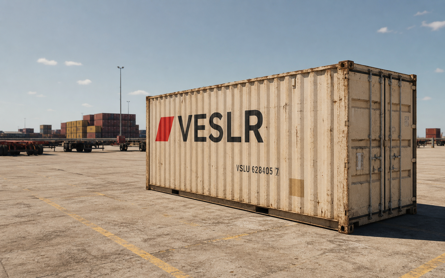 Rows of empty shipping containers in a quiet depot after rain at blue hour