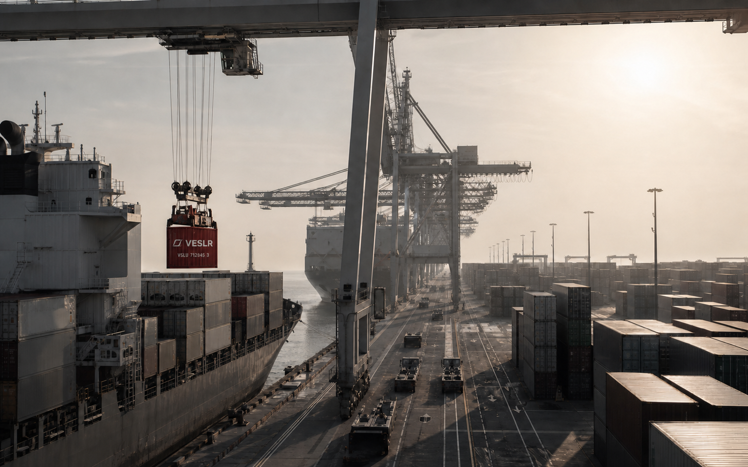 Modern container cranes and vessel operations at a Qatar port during golden hour
