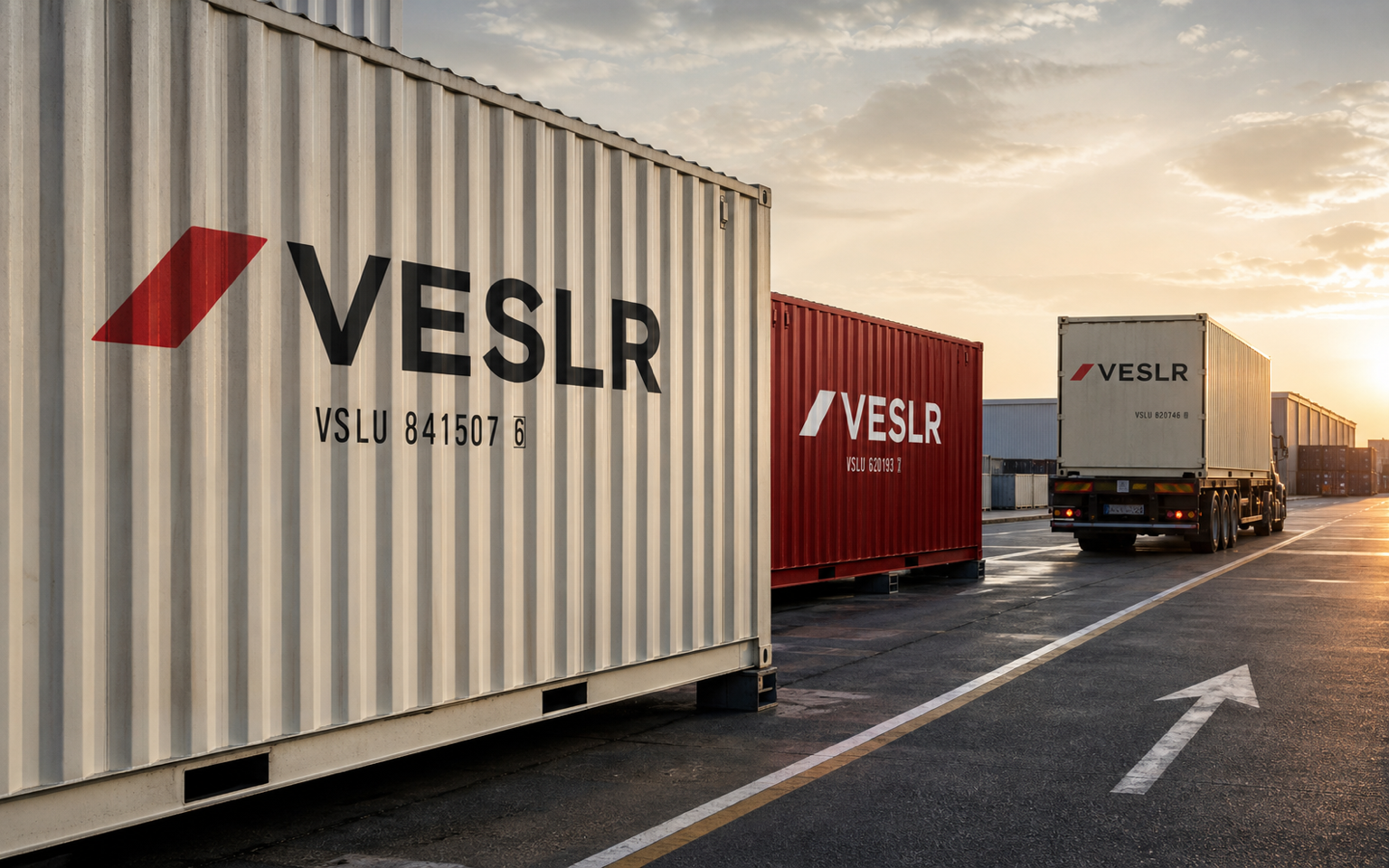 Three shipping containers following different illuminated routes through a working terminal