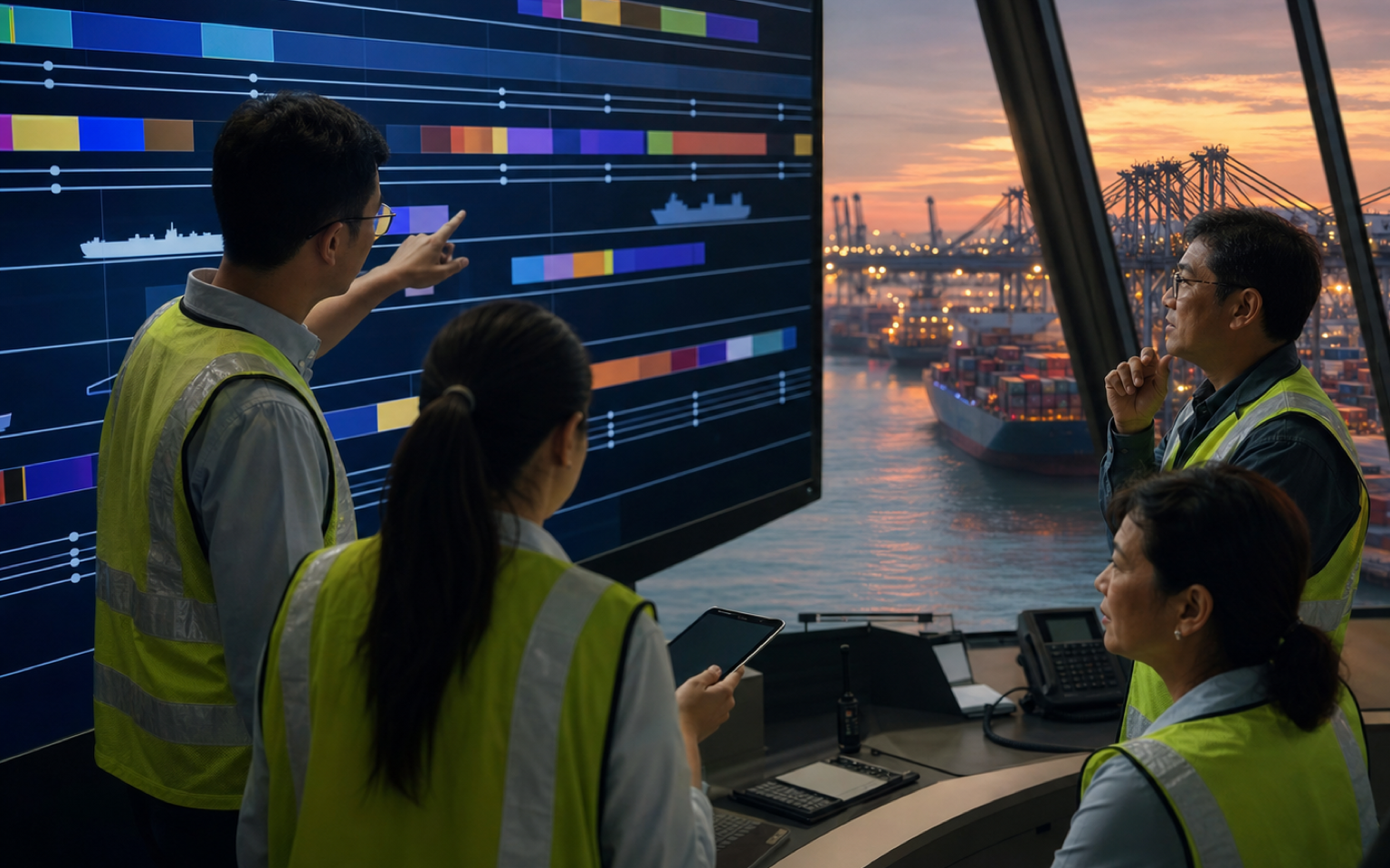 Operations team coordinating transshipment containers against vessel windows in Singapore