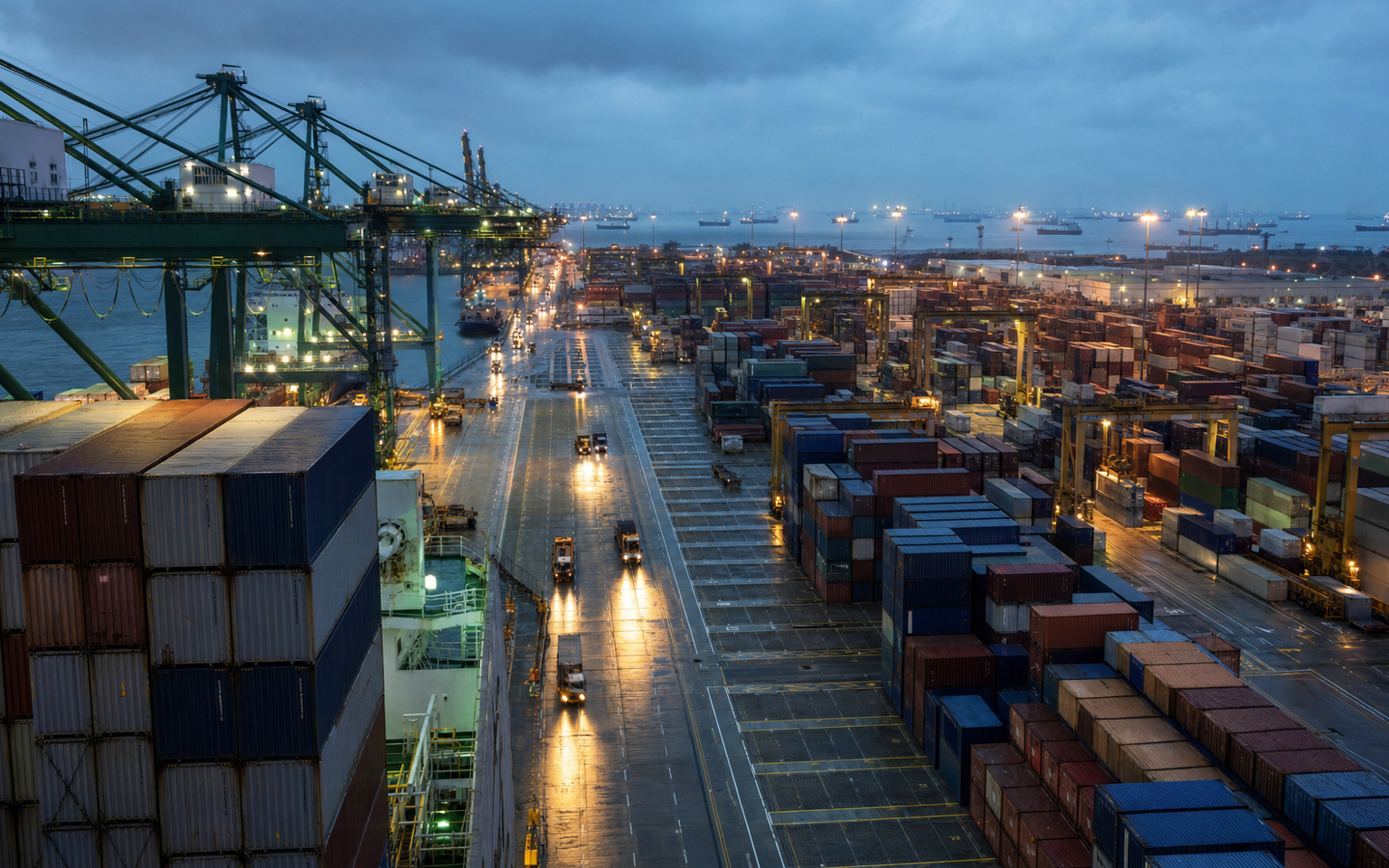 Singapore container terminal operating through a dense transshipment peak