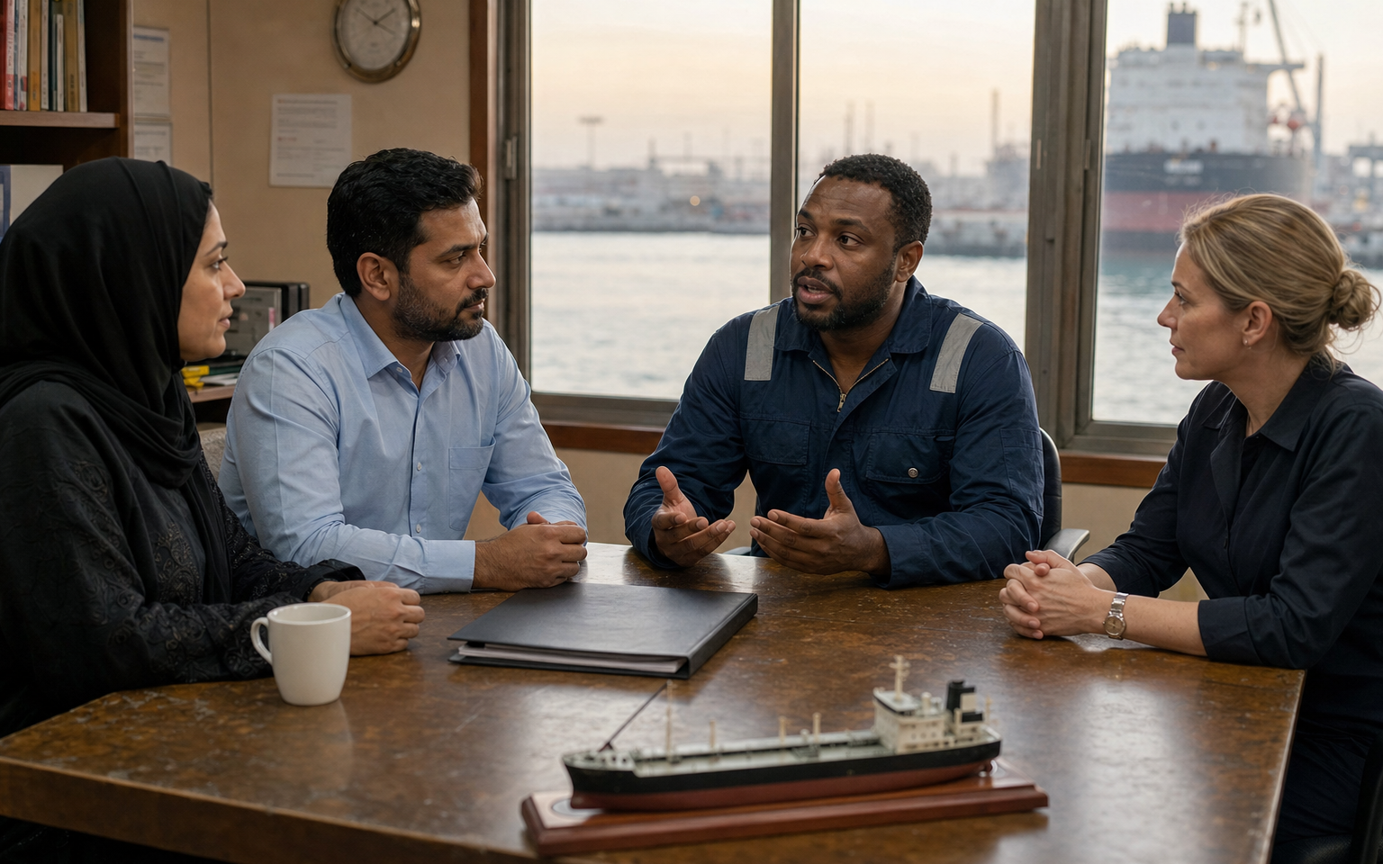 Shipping operations team reviewing a Gulf voyage hold decision with crew welfare placed first