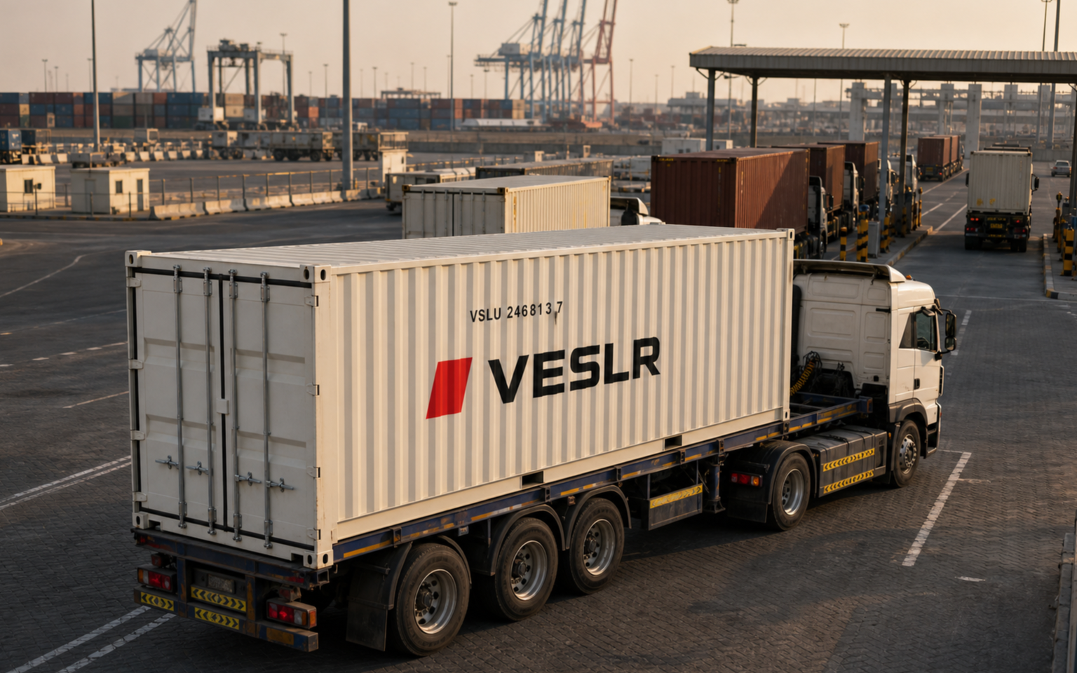 Containers and trucks held in an orderly staging area during Gulf schedule uncertainty
