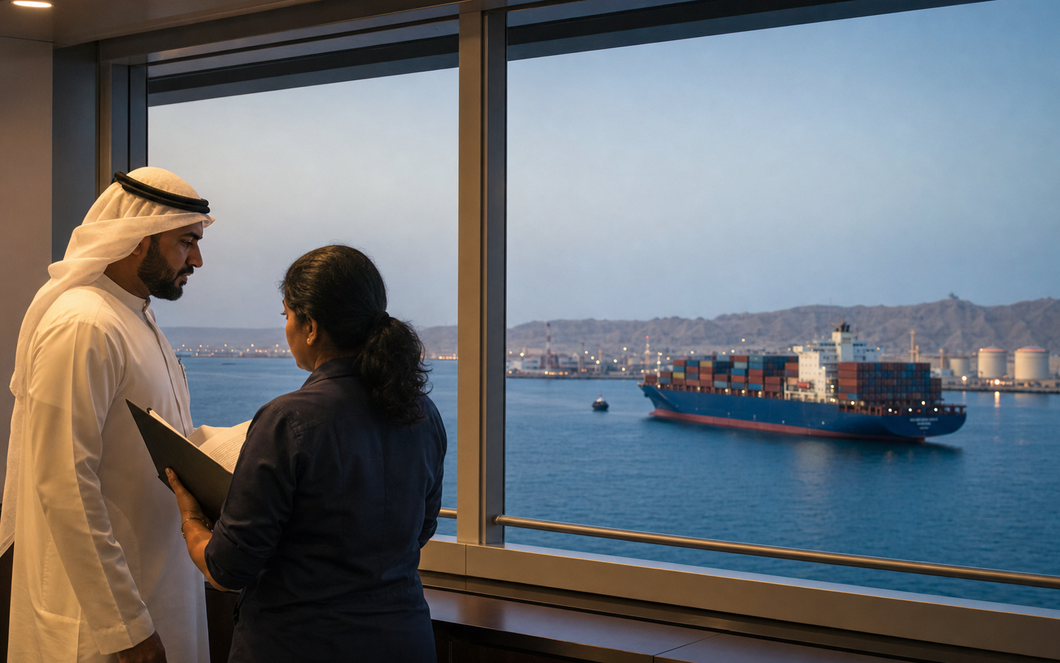 Merchant vessel waiting outside a Gulf port while a shore team reviews a safety-first voyage decision