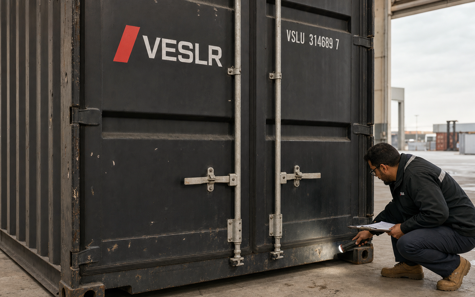 Buyer and inspector reviewing a used red shipping container in a clean depot