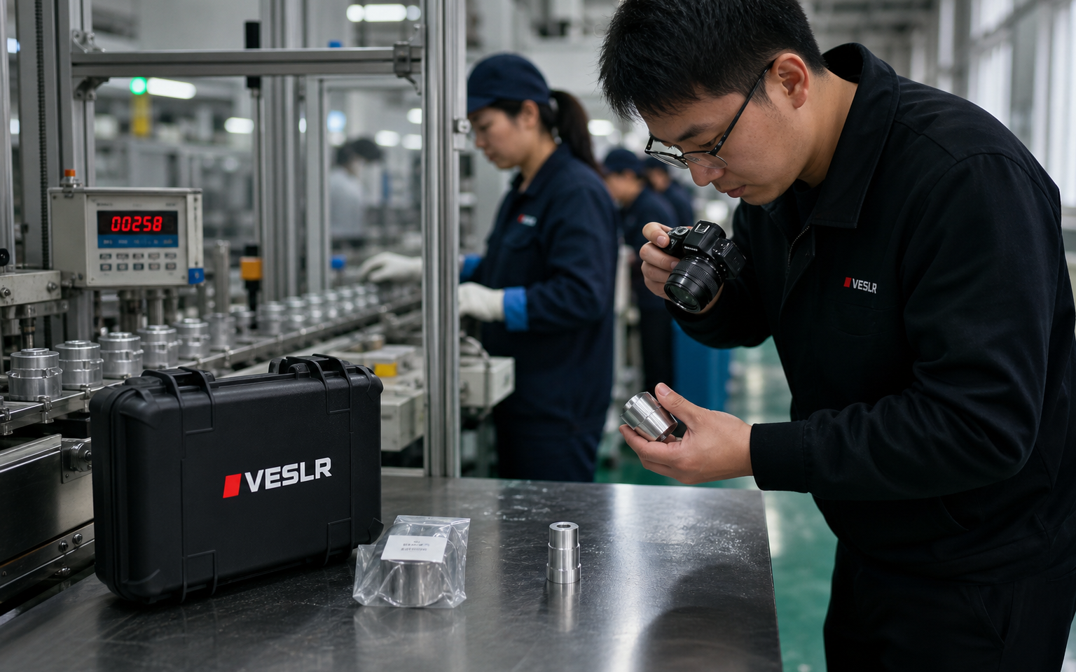 Independent inspector reviewing finished goods and carton labels inside a bright China factory
