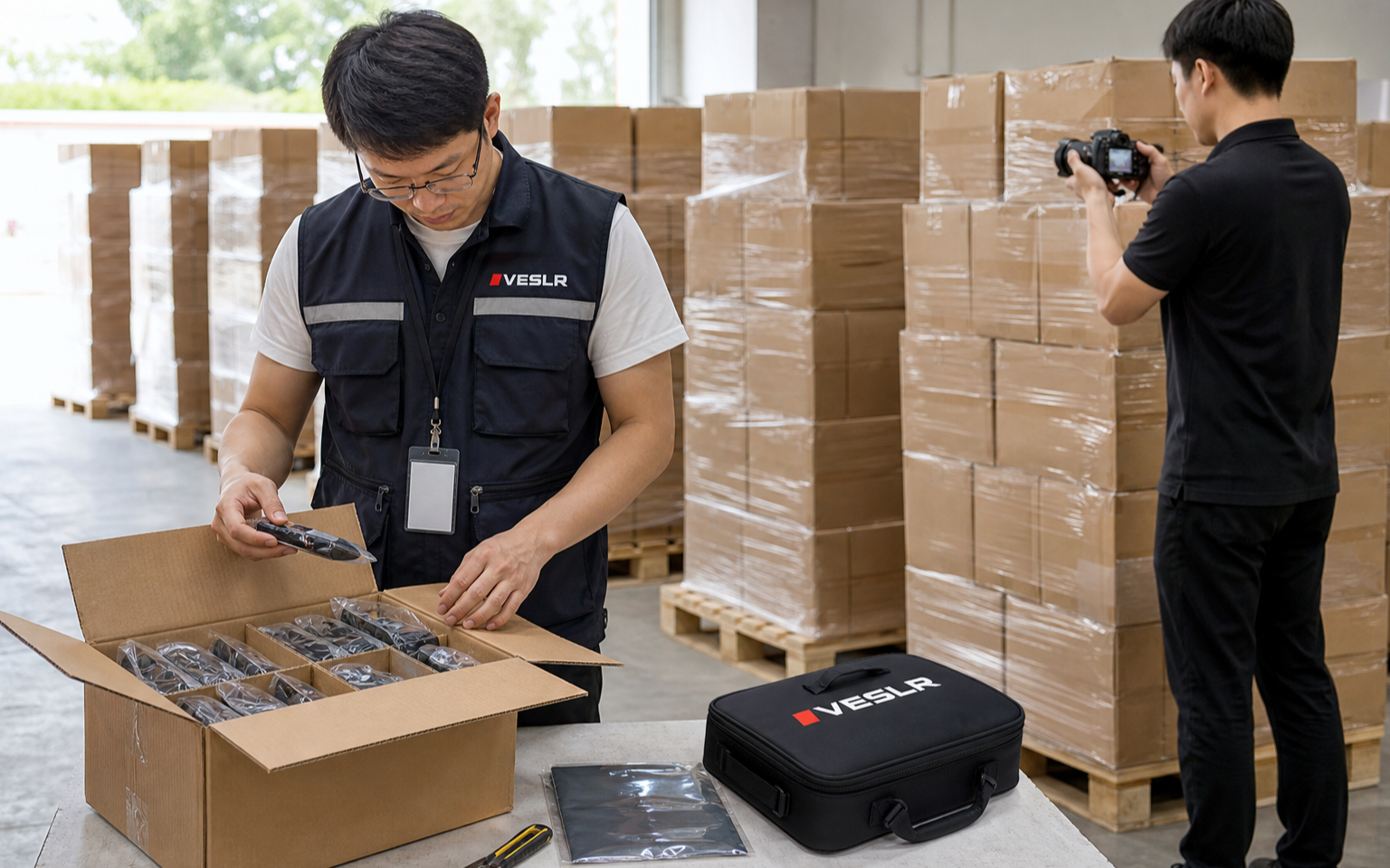 Independent inspector opening a sample carton while a colleague photographs finished goods in a China warehouse