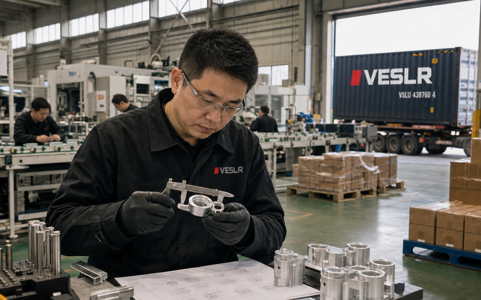 Professional sourcing team verifying a China manufacturer beside a hyper-realistic VESLR export container