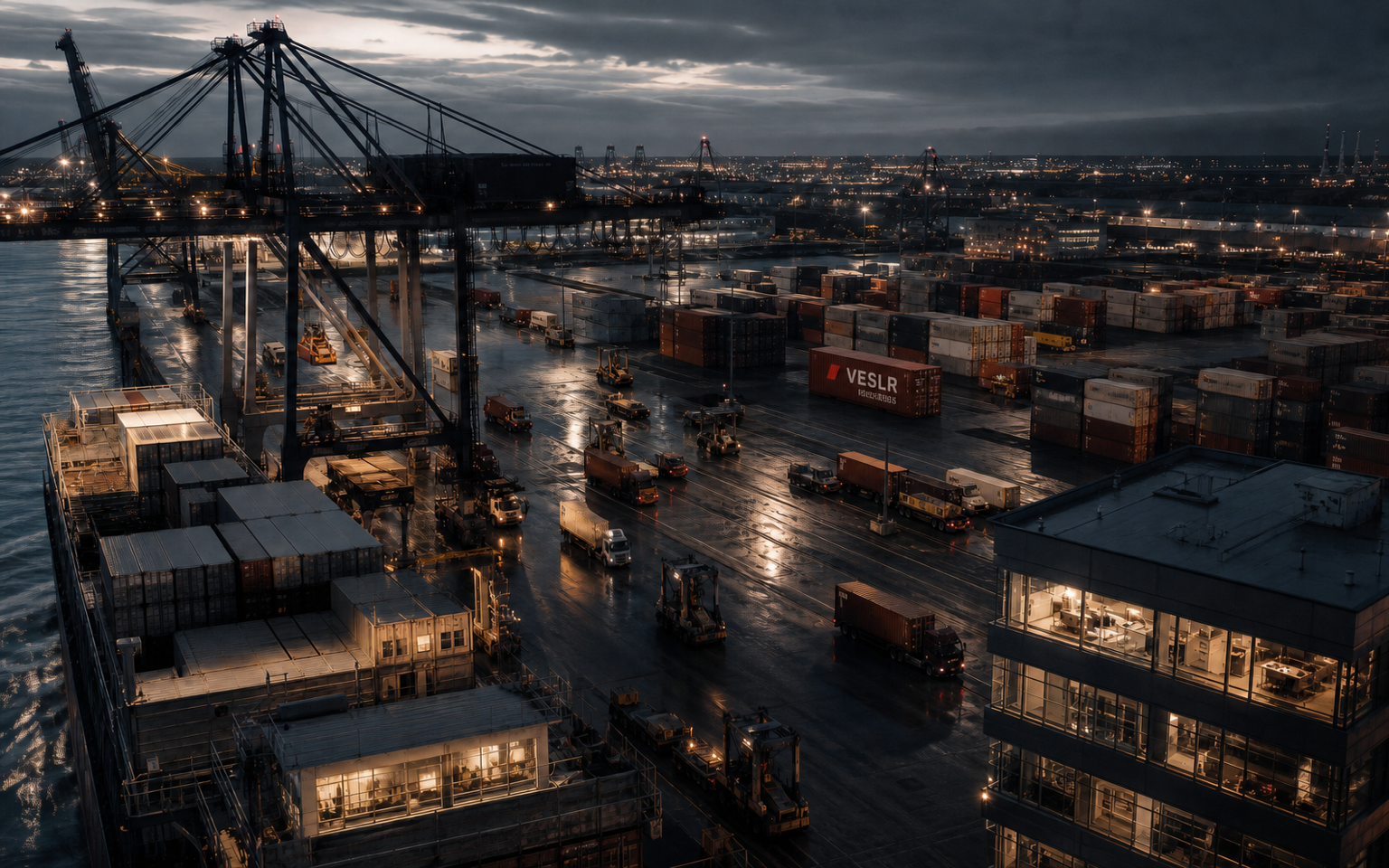 Cargo vessel and container terminal viewed through atmospheric evening light
