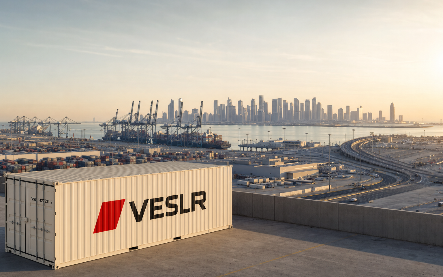 Doha and Qatar port logistics connected in cinematic evening light