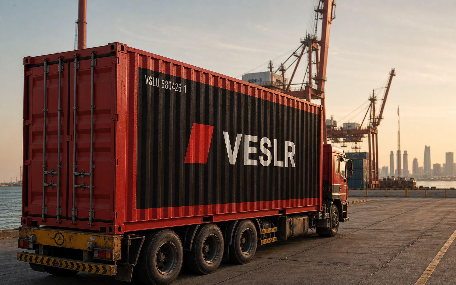 VESLR container moving from a working port with Doha visible beyond
